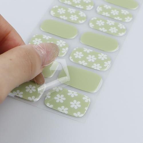 Gel Nail Stickers White Flower Light Green Semi Cured Gel Nail Strips Wraps