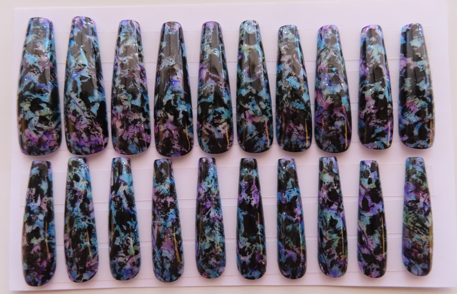 XL Purple Blue Green Black Ink Splatter Glitter Coffin Press On Nails
