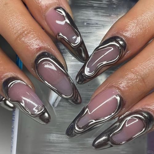 Silver Press on Nails Medium Almond Fake Nails 3D French Tips False H-29Silver