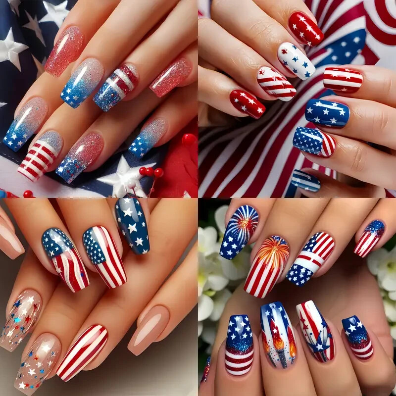96pcs American Independence Day Press-On Nail Set, Glossy Finish, Medium/Long