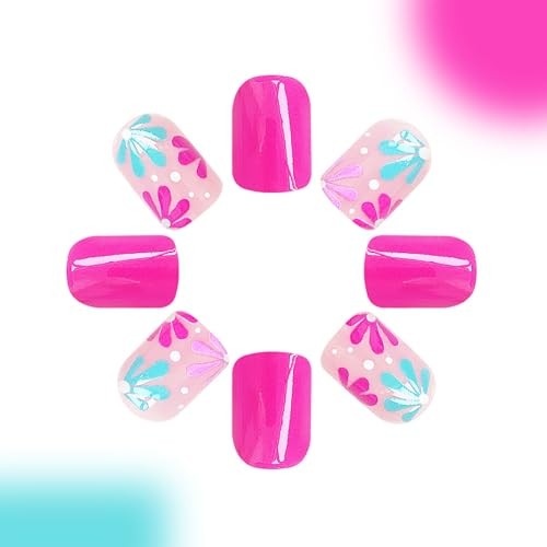 Short Square Fake Nails with Flower Designs – Acrylic Press
