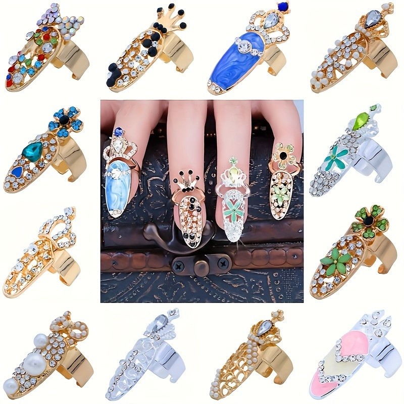 Luxury Crystal Flower Nail Rings Rhinestone Jewelry fits Fashion Runway Styling