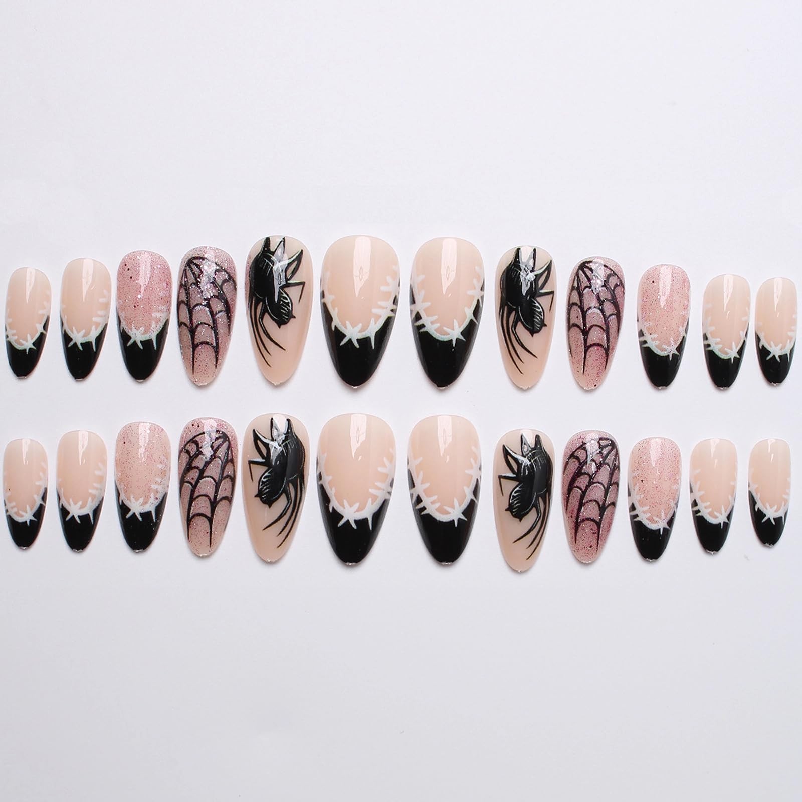 Press on Nails – Medium Almond Glue on Nails with Black French Tip, Acrylic G…