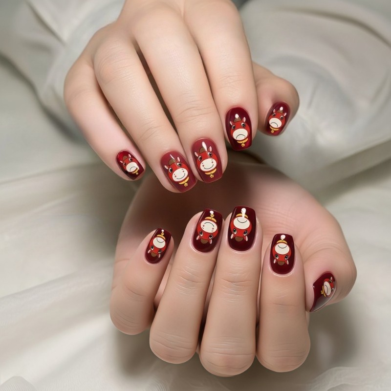 48Pcs Short Square Red Cartoon Horse Press on Nails Cute Holiday Party Wear