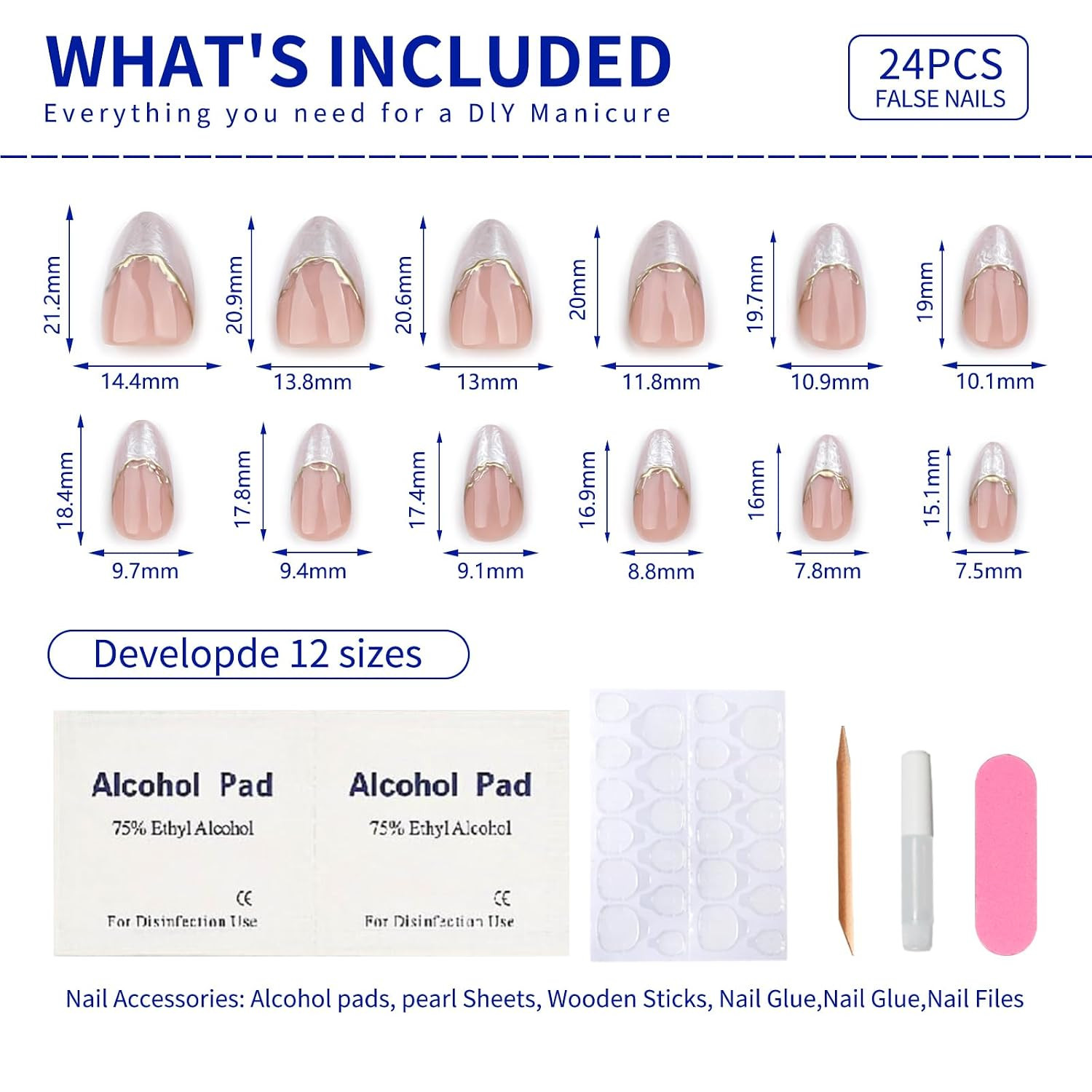 French Short Press on Nails Almond, Nude Fake Nails with Cloudy White French Tip