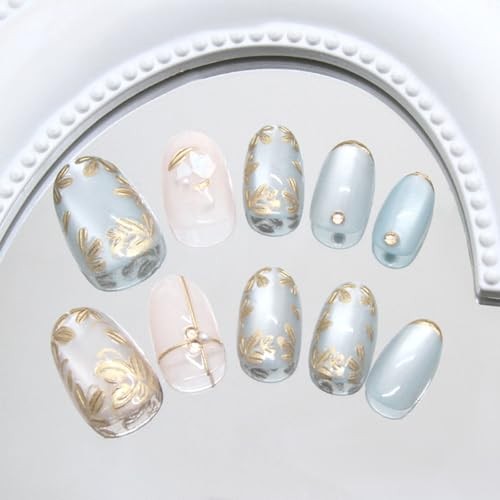 24Pcs Short Almond Press on Nails Gold Flower Fake 3D Blue Gilding Pearl-20