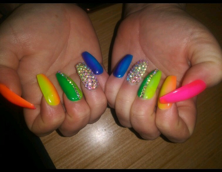 Rainbow ombre bling nails coffin PRESS ON NAILS neon crystal pride nails
