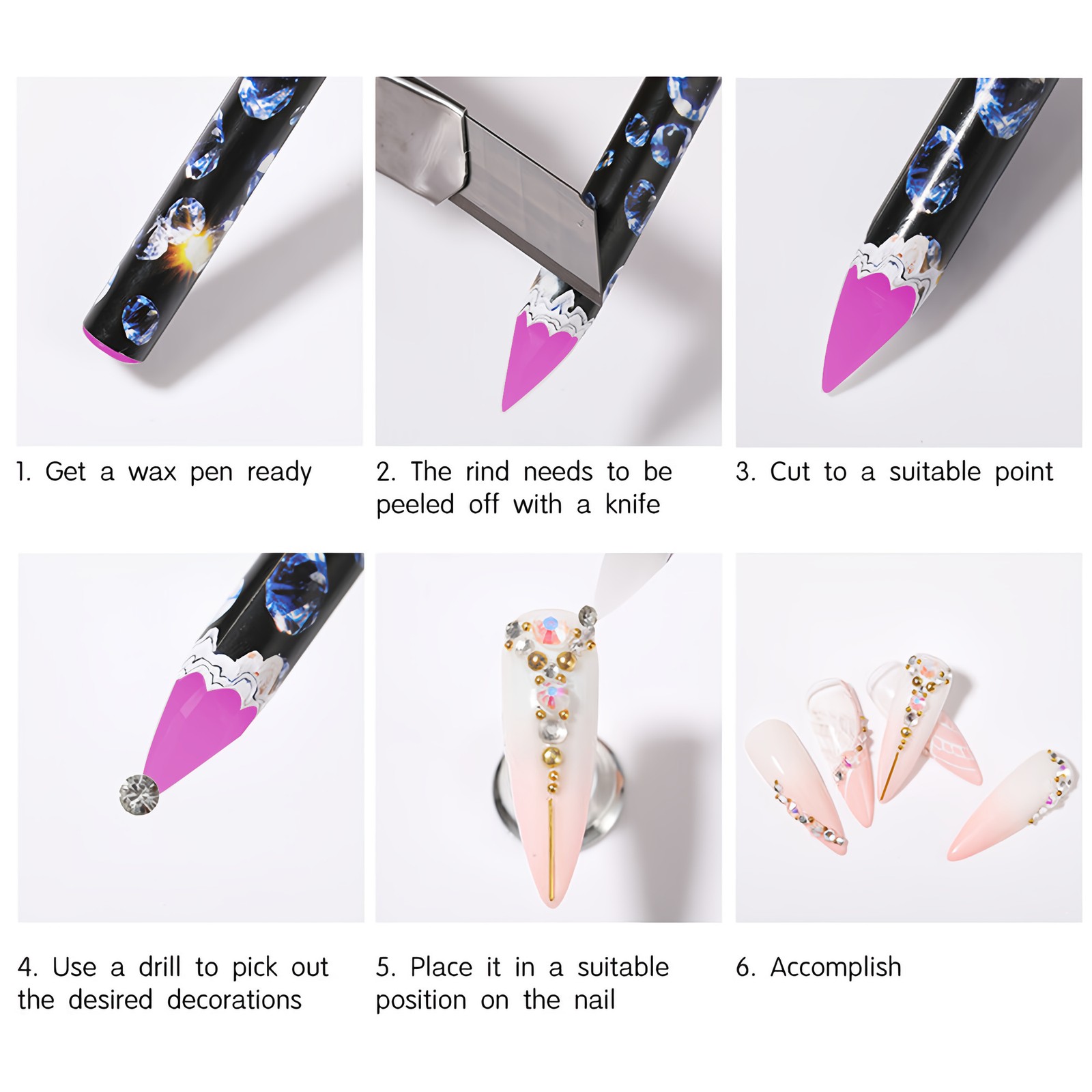 10-Piece Wax Pen Rhinestone Picker – Gem Crystal Nail Art Craft Decor Tool, Pink