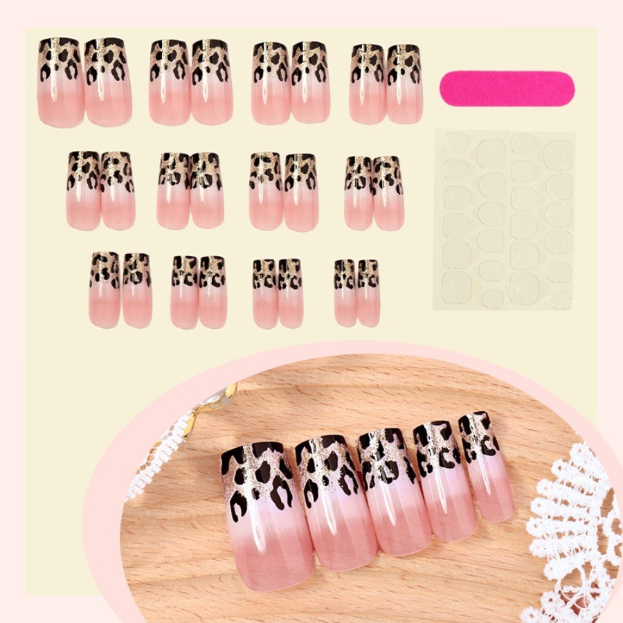 48p-Press on Nails Nude Gold Ombre Leopard Print Glitter French Tip Long Square