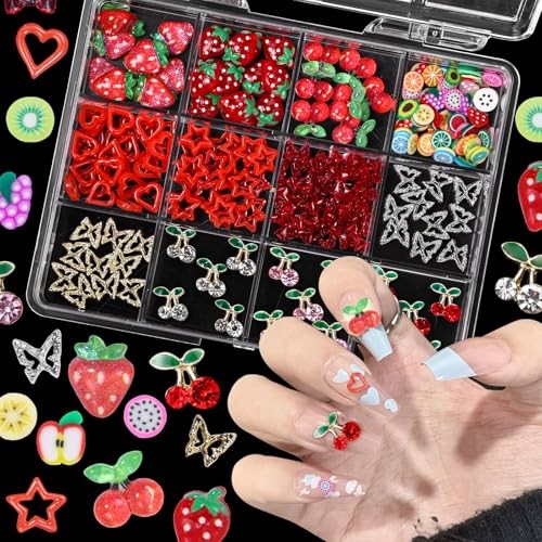 Fruit Cherry Butterfly Nail Charms Gems, Gold Silver Cherries Butterflies