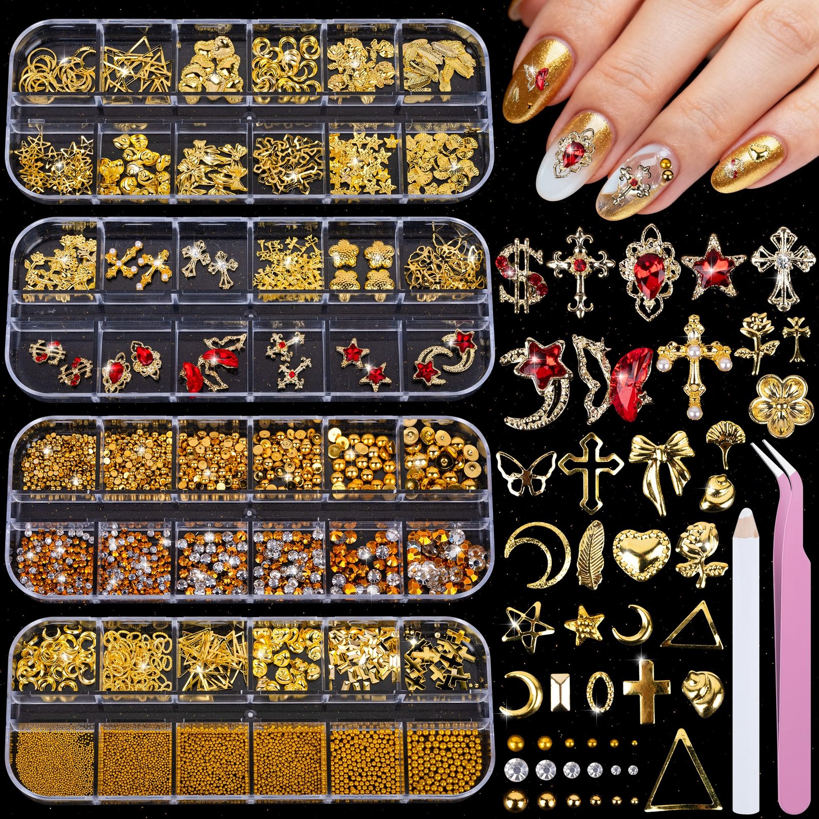 Gold Nail Charms and Nail Gems with 4 Boxes of Rhinestones 3D Metal for Nail …