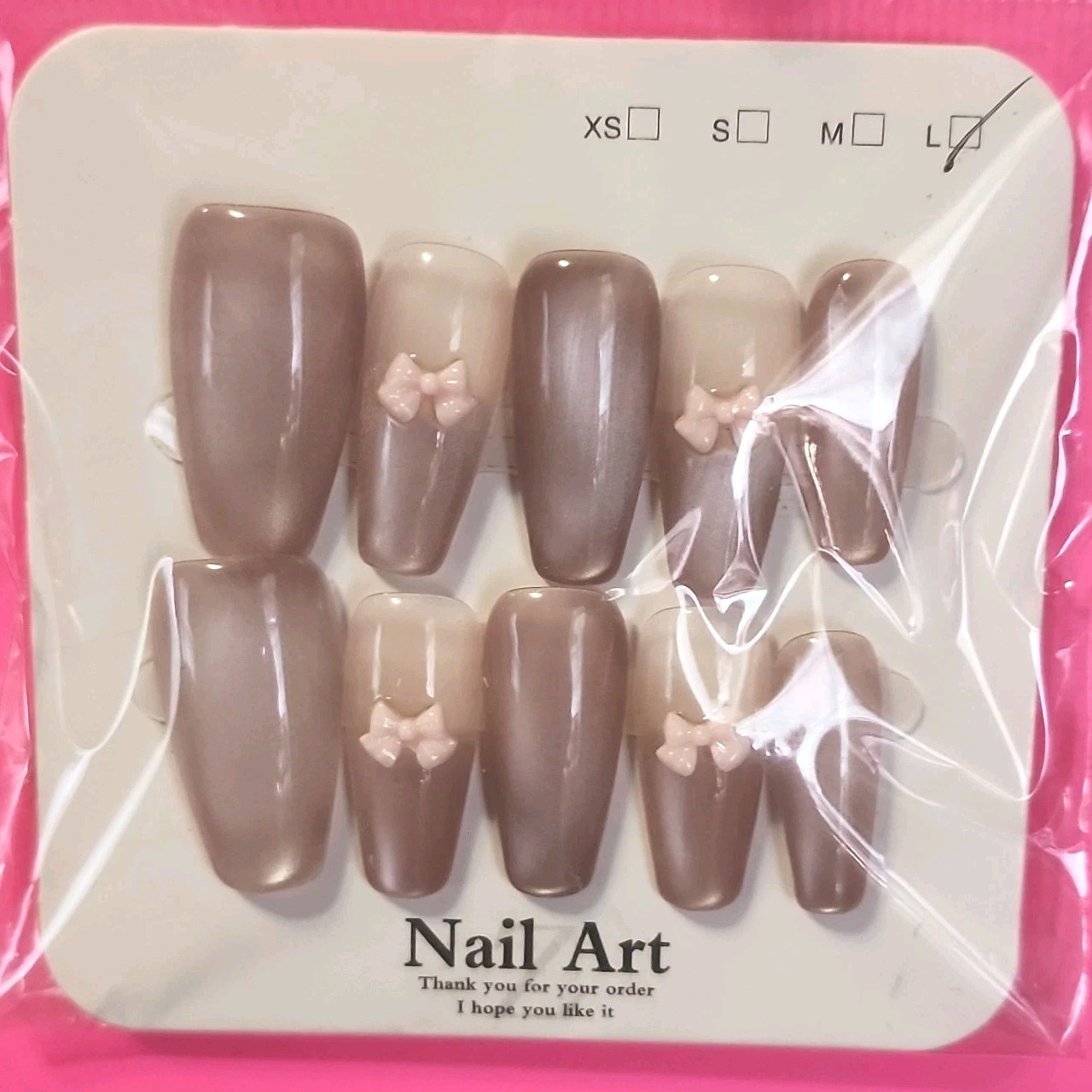 Press-On Nails Long Coffin Full Cover, Brown/Nude Shiny Pre-Designed Bows