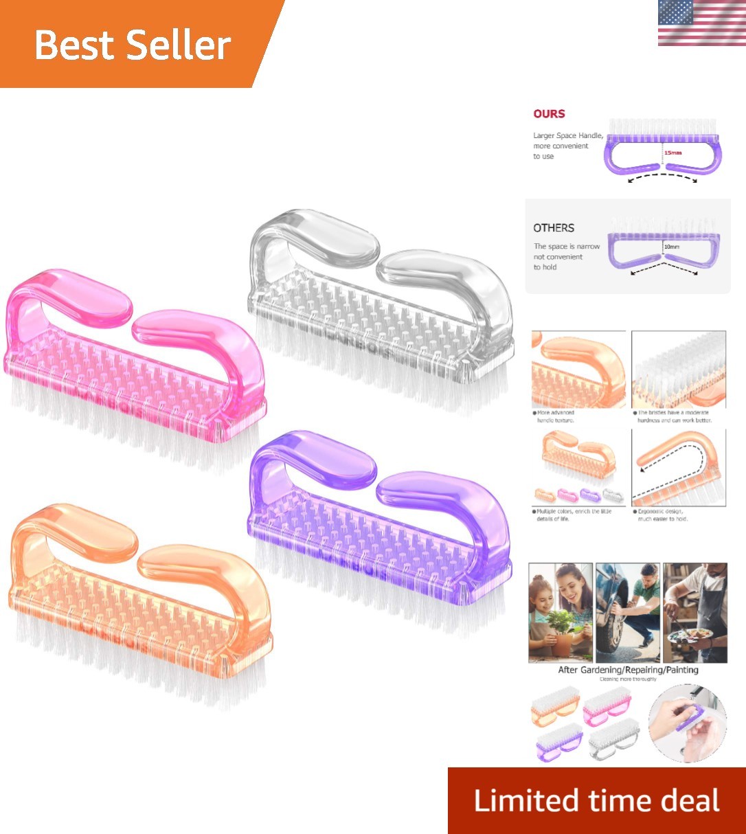 Handle Grip Nail Brush 4 Pack in Orange