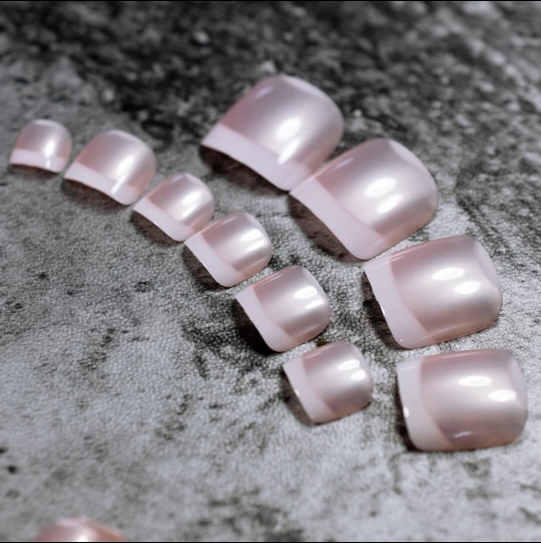 24 Silver Pink Chrome Toe nail press on nails kit w glue mirror shiny white