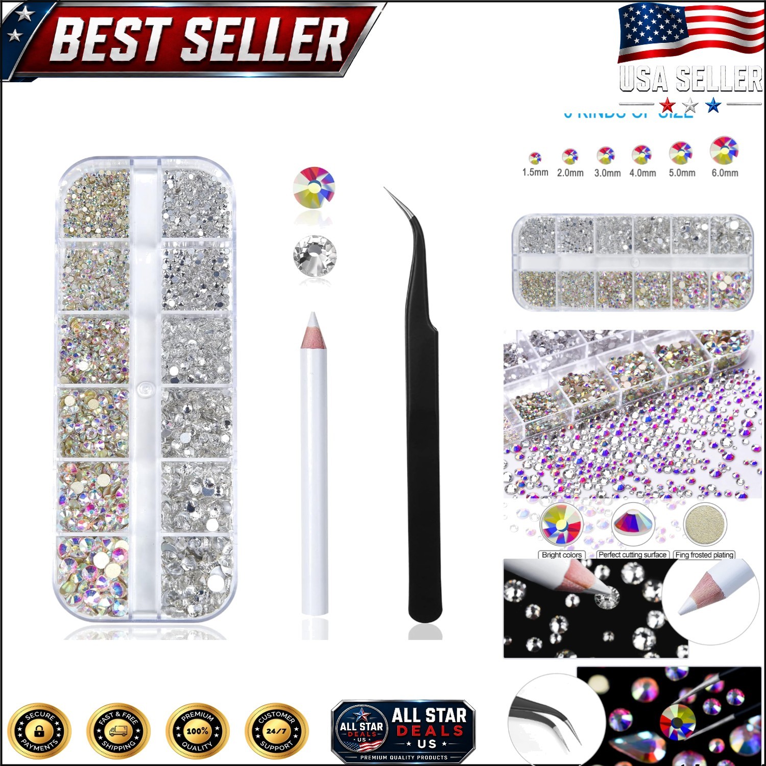 2400 Pcs Nail Art Rhinestones Kit – Iridescent AB & Clear Gems with Tools