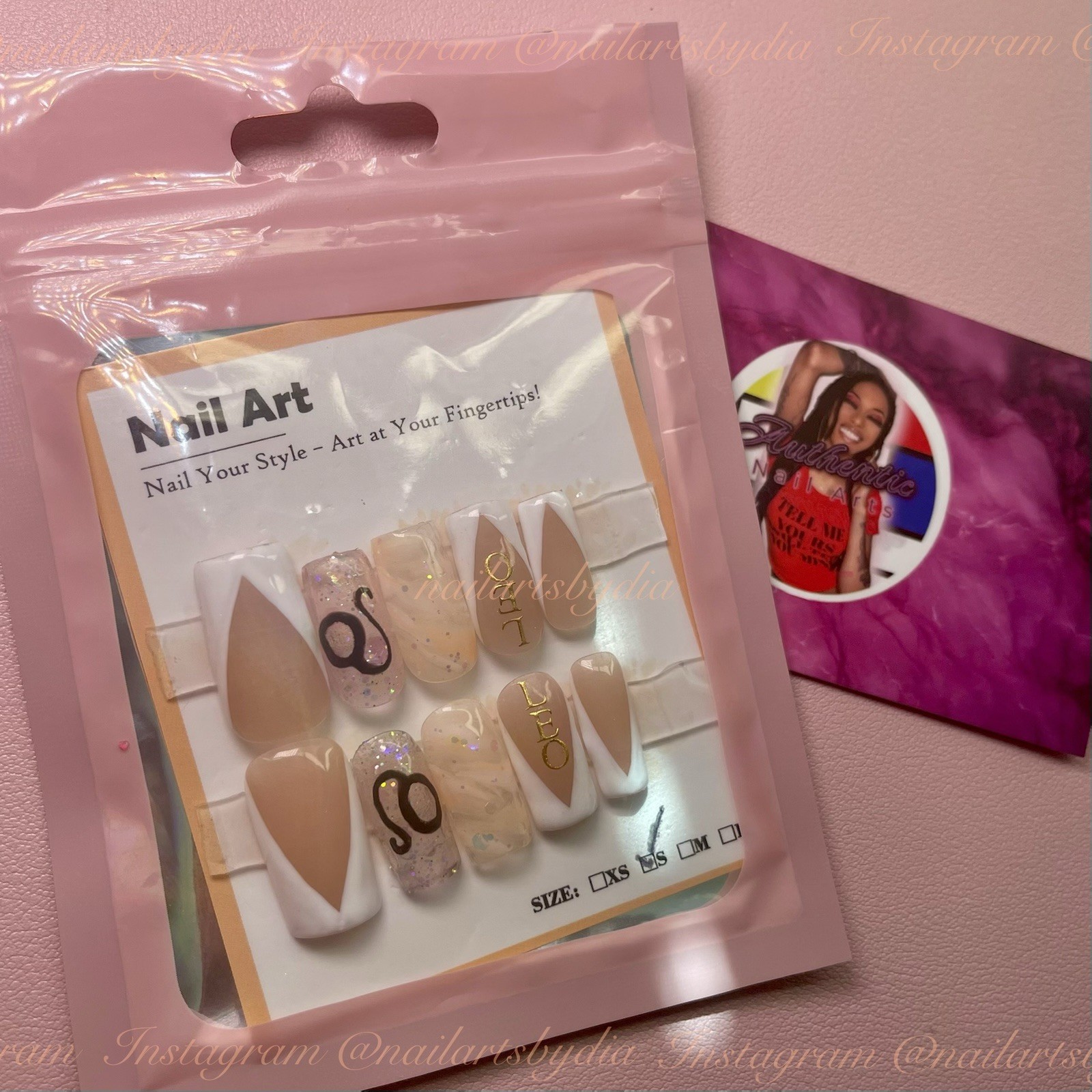 Nail Art Square Press-On Nails Beige White French Glitter Full Cover Short Set