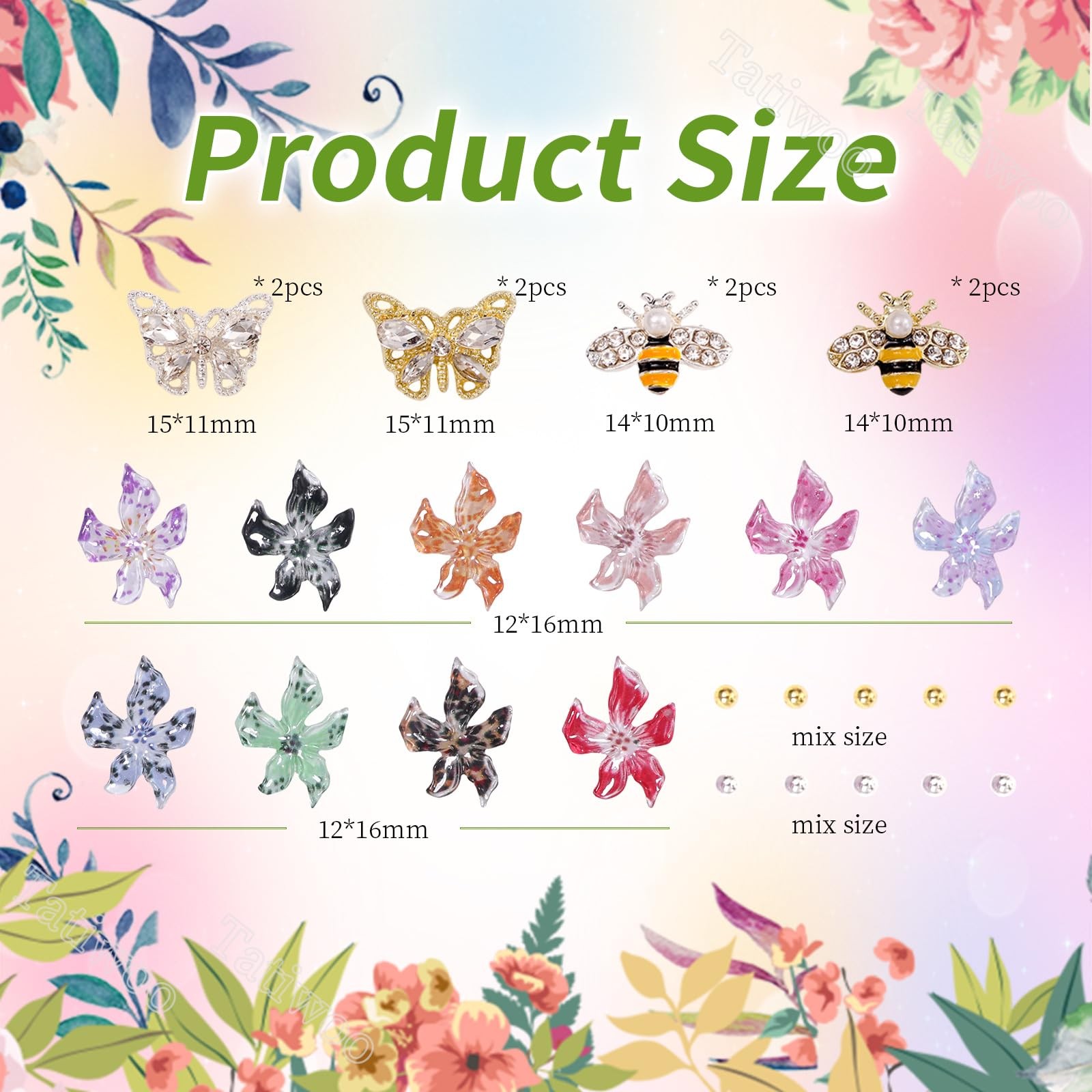 108 Pcs Flower Nail Charms, 3D Hawaii Flower for Nails Butterfly Bee Nail Gem…