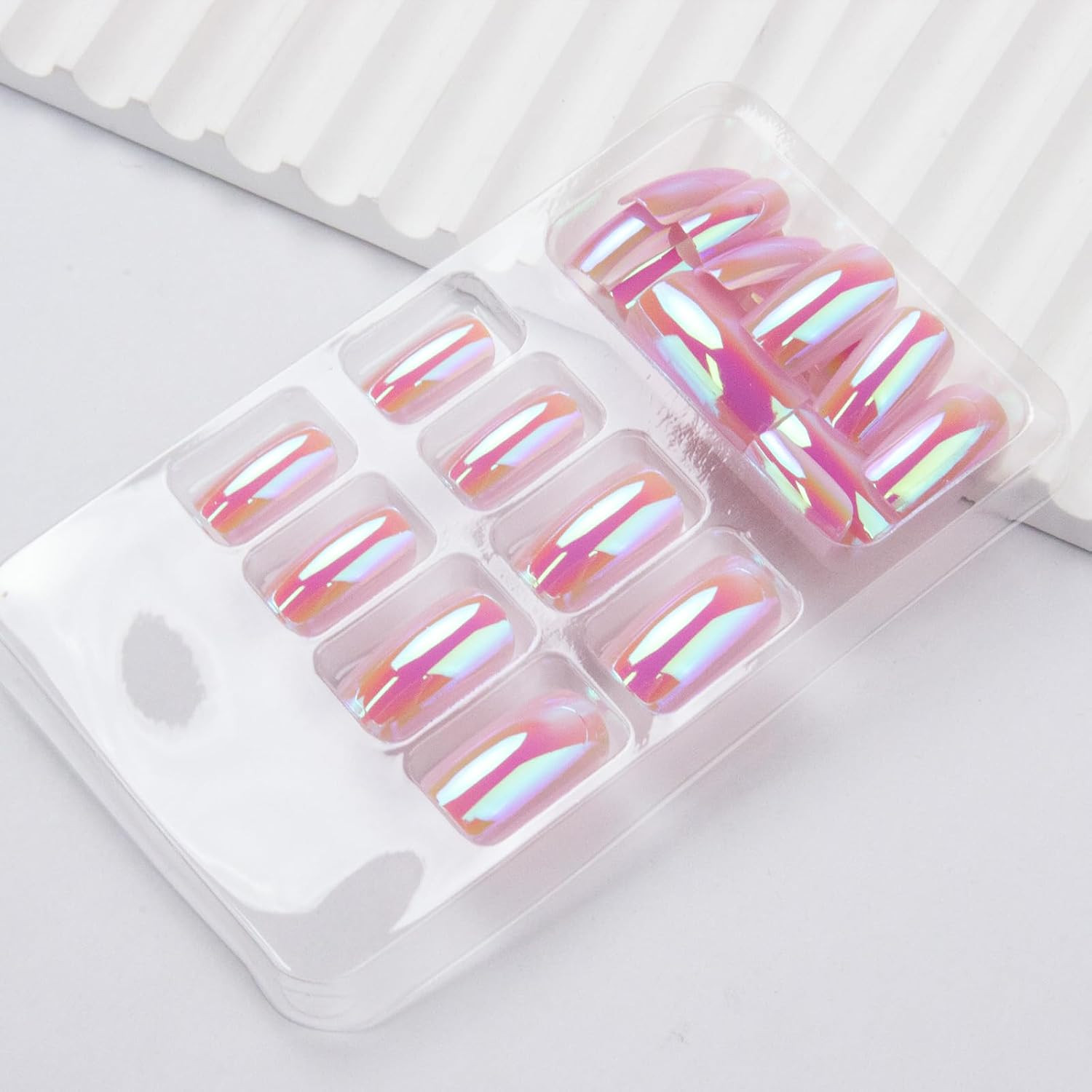 Chrome Press on Nails Medium Square Fake Nails Press Ons with Glossy Holographic