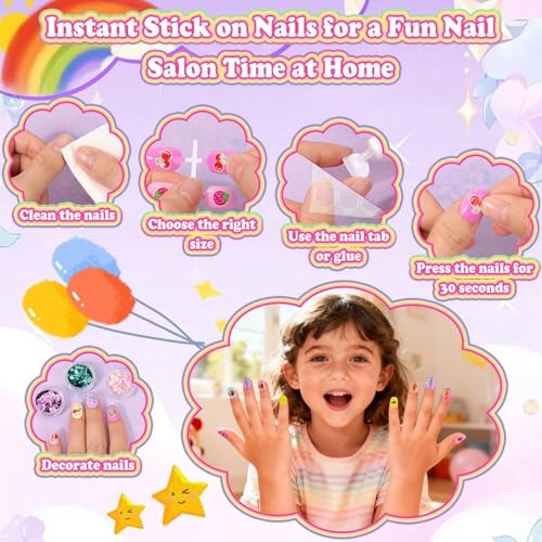 480 Pcs Kids Nails and Glue, Girls Press ons Nail Art Kit with Storage Pink