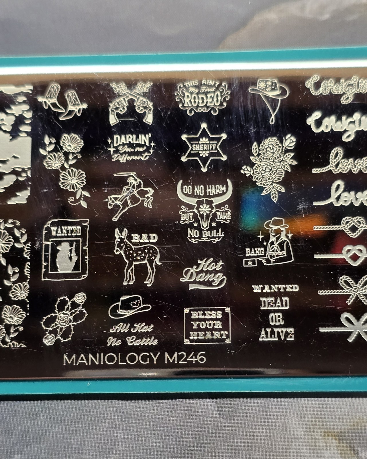Maniology M246 Nail Stamp Plate Cowboy Gowgirl Rodeo Love Bandana Cow Bull Knot
