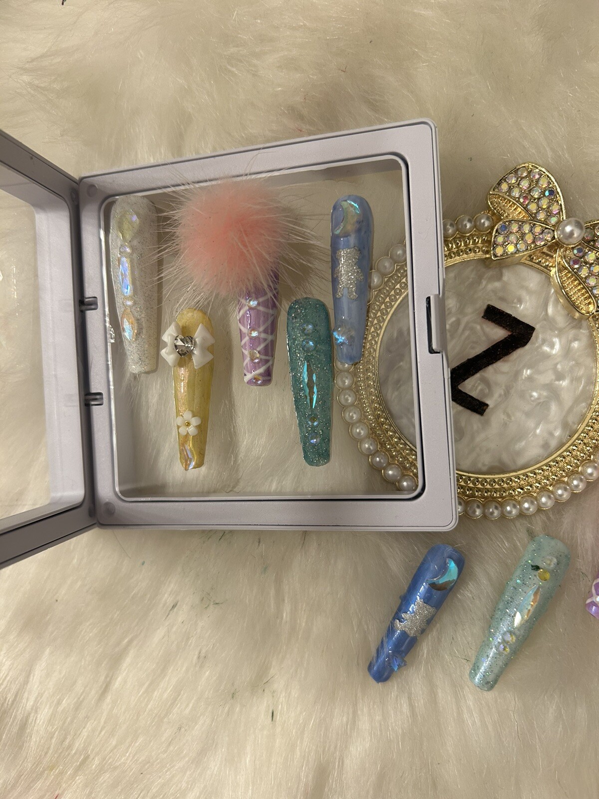 Z NAILZ! Fun Set Of 10 2XL Ballerina Multicolored Pastel W/Bling Press On Nails