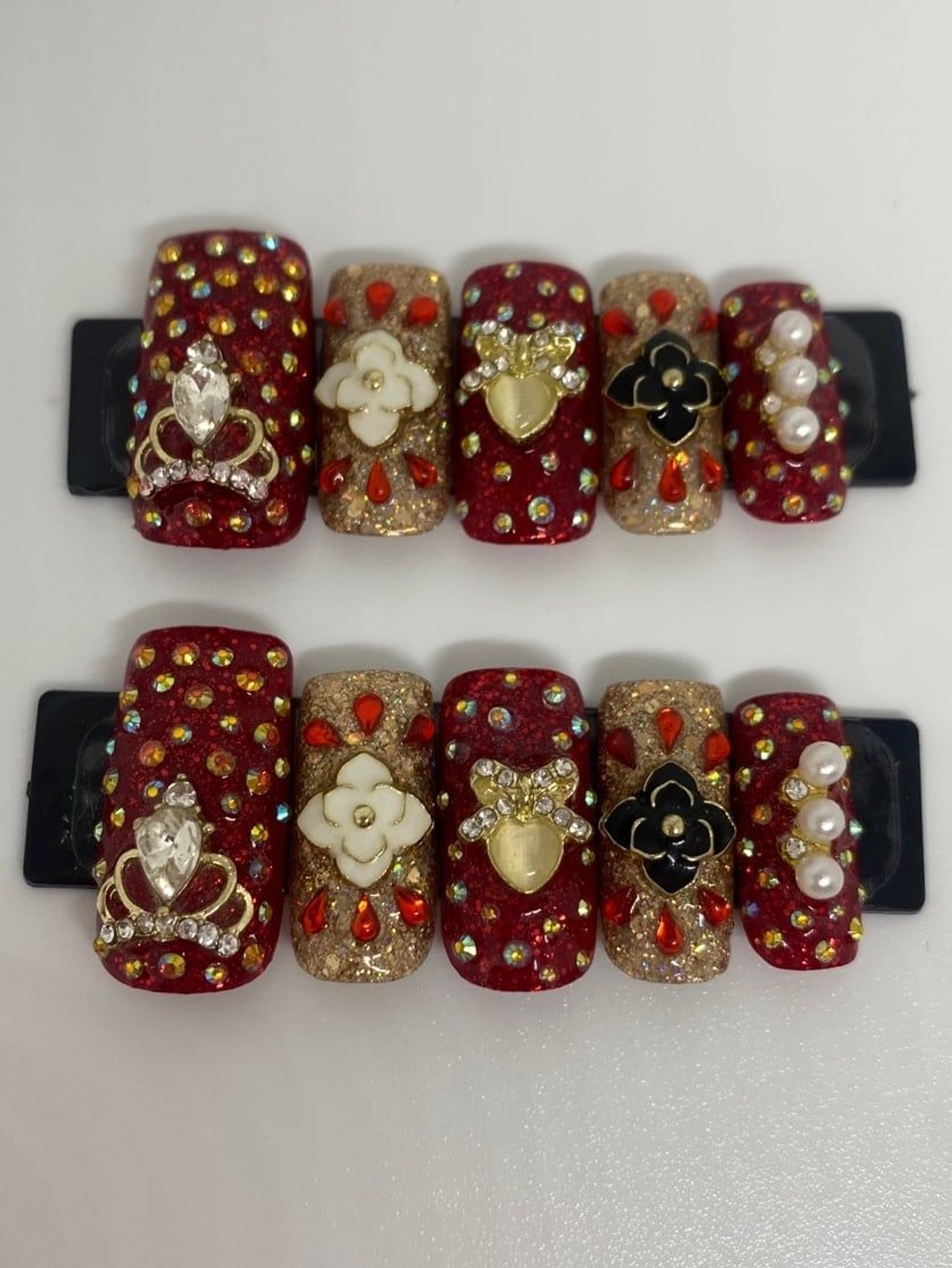 Red, Gold, Black, & White Square Press On Nail Set