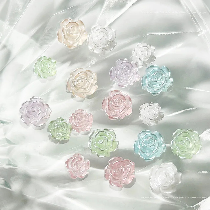 50pcs Camellia Nail Charms Mix Flower Shiny Pearl 3D 6/8mm Rose Flat Back 3D