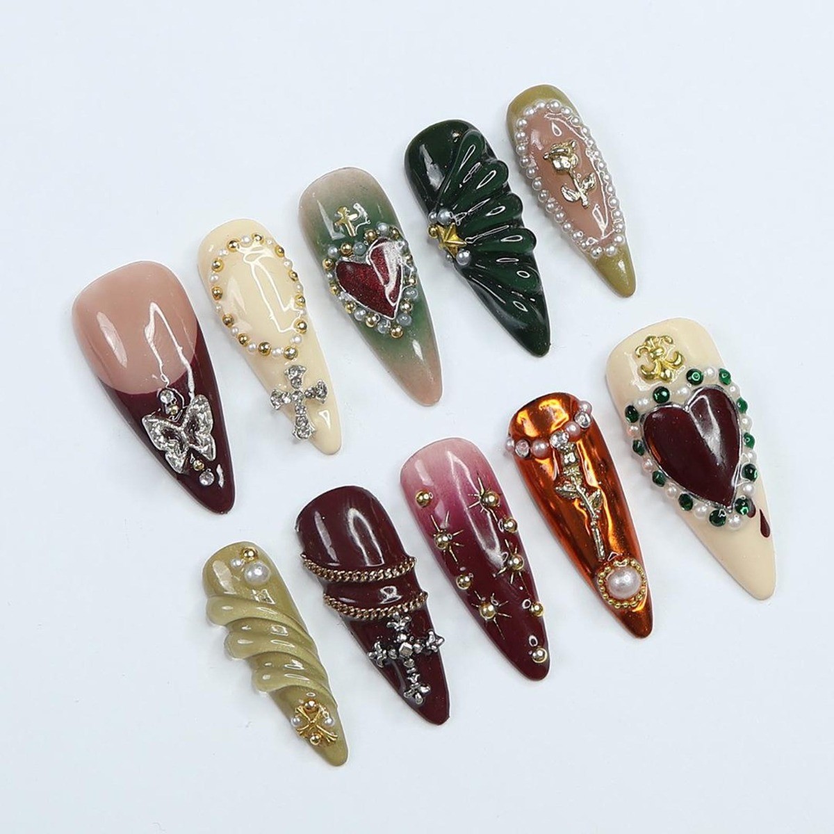 Vintage Cross Heart Handmade Press on Nails Metal Rose Pearl Trendy Fake Nails