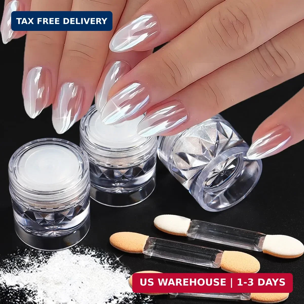 3Pcs Moonlight White Pearl Chrome Nail Powder, Super Glossy Clear Mirror Effect