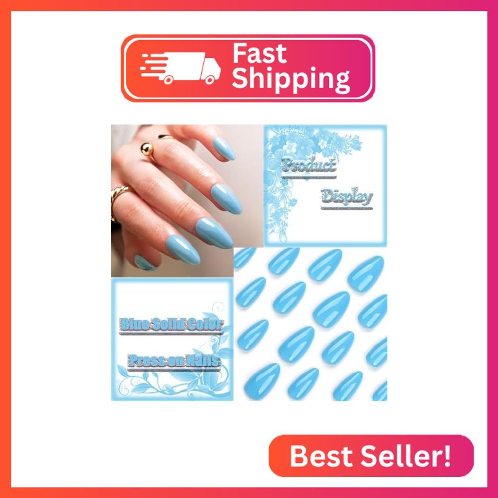 24 Pieces Blue Short Medium Almond Press-On Nails with Solid Color Design – Glos