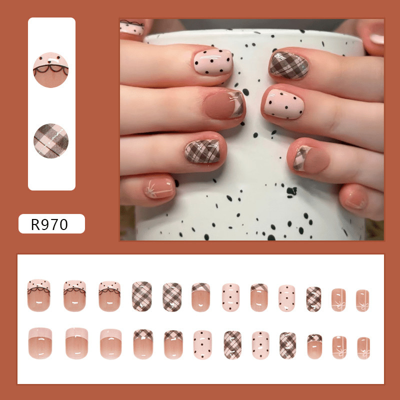 48Pcs Short Square Pink Plaid Polka Dot Press on Nails Cute Fake Nails
