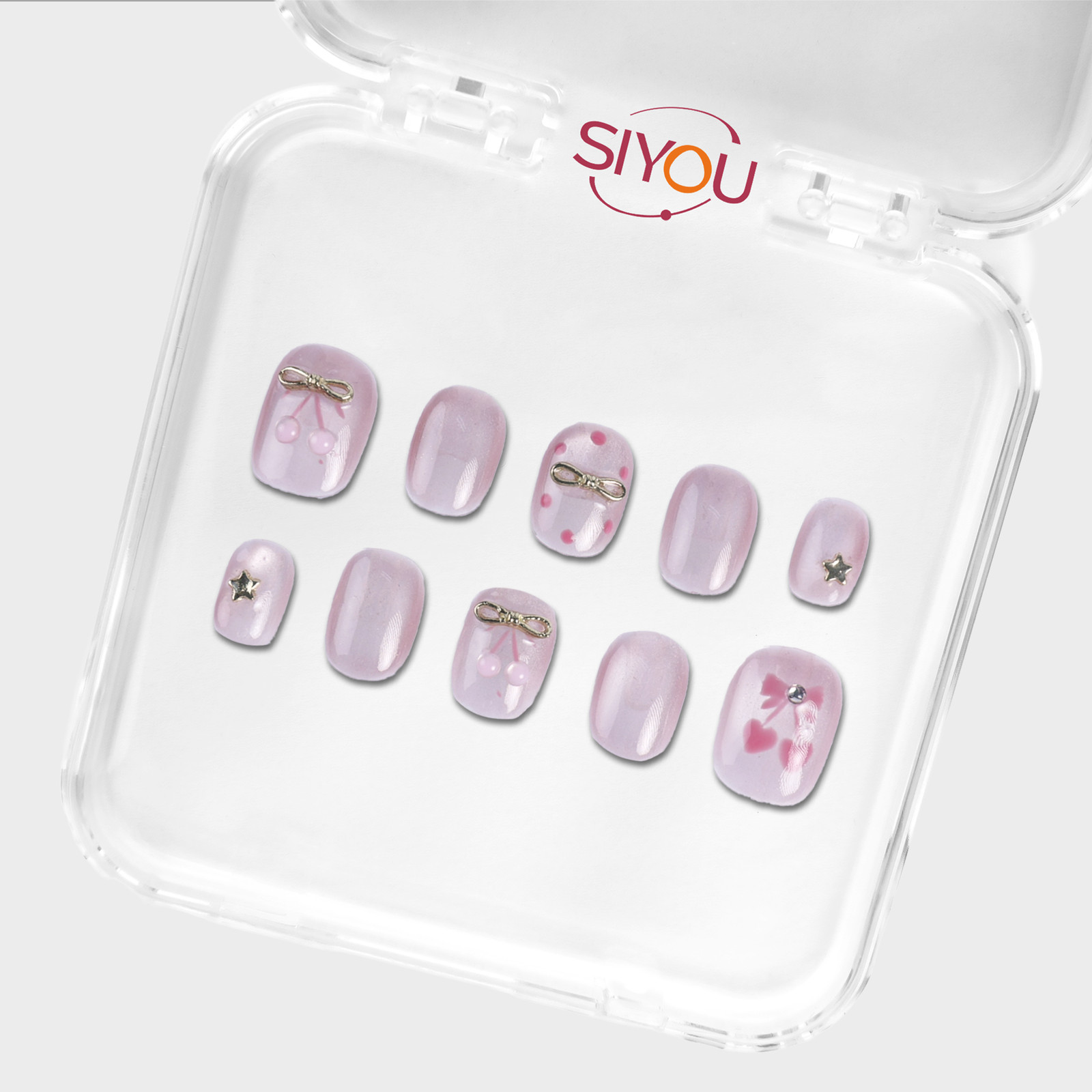 SIYOU Petal Charm Short Squoval Lavender 3D Pearl Star Bow Press-On Nails 10pc