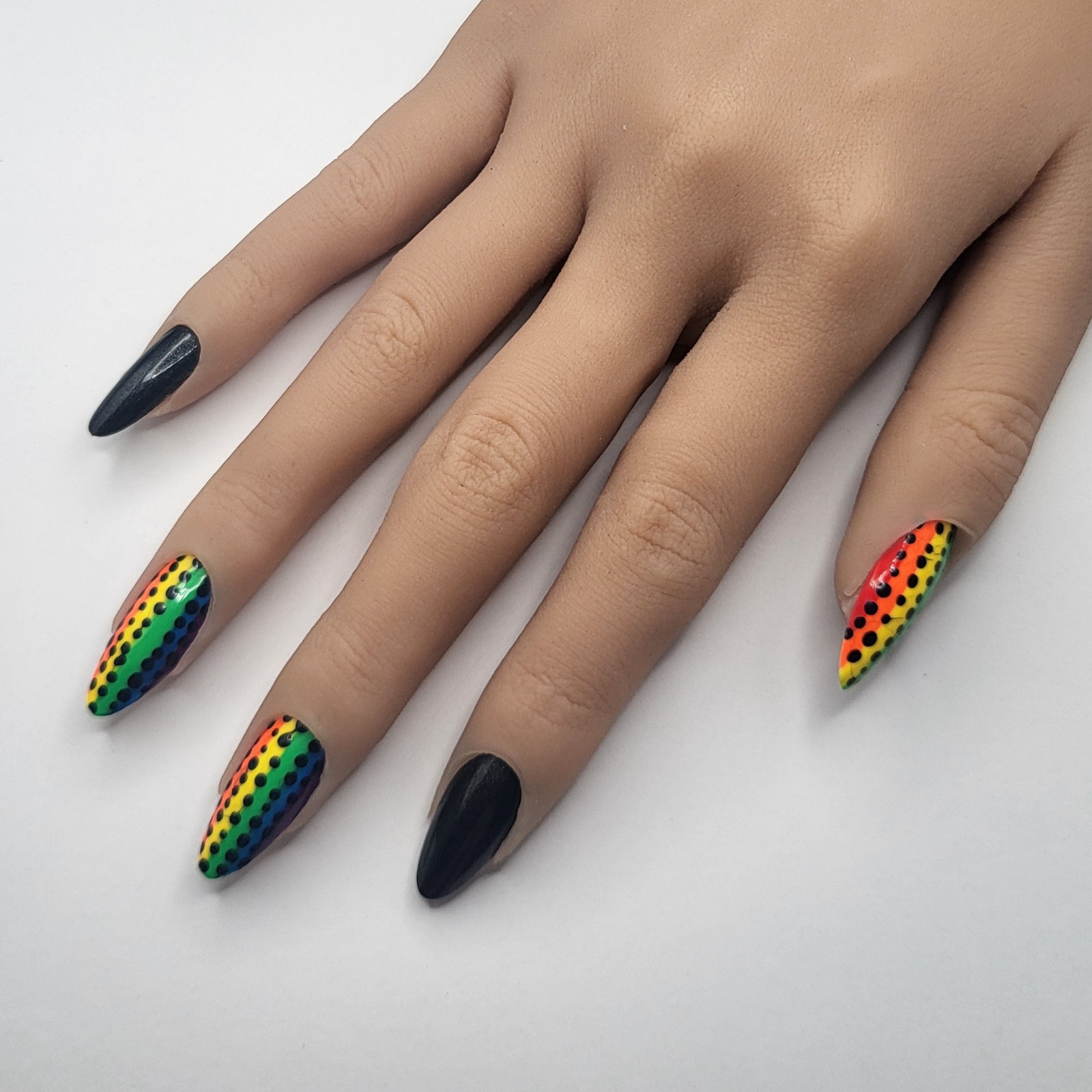 Handmade Rainbow Stripe Press On Nails Medium Almond Black Shimmer | Tempo