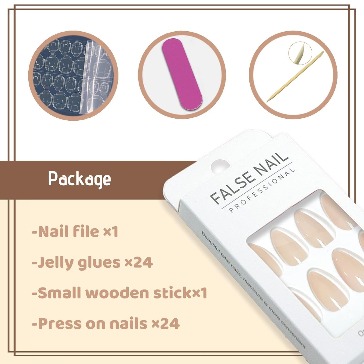 Almond Shaped Full-Cover Nude Fake Nails – 24 Piece Easy Application Set