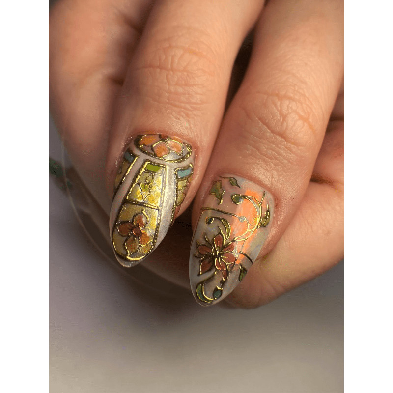 Vintage Floral Handmade Press on Nails Gradient Gold Sheer Daily Fake Nails
