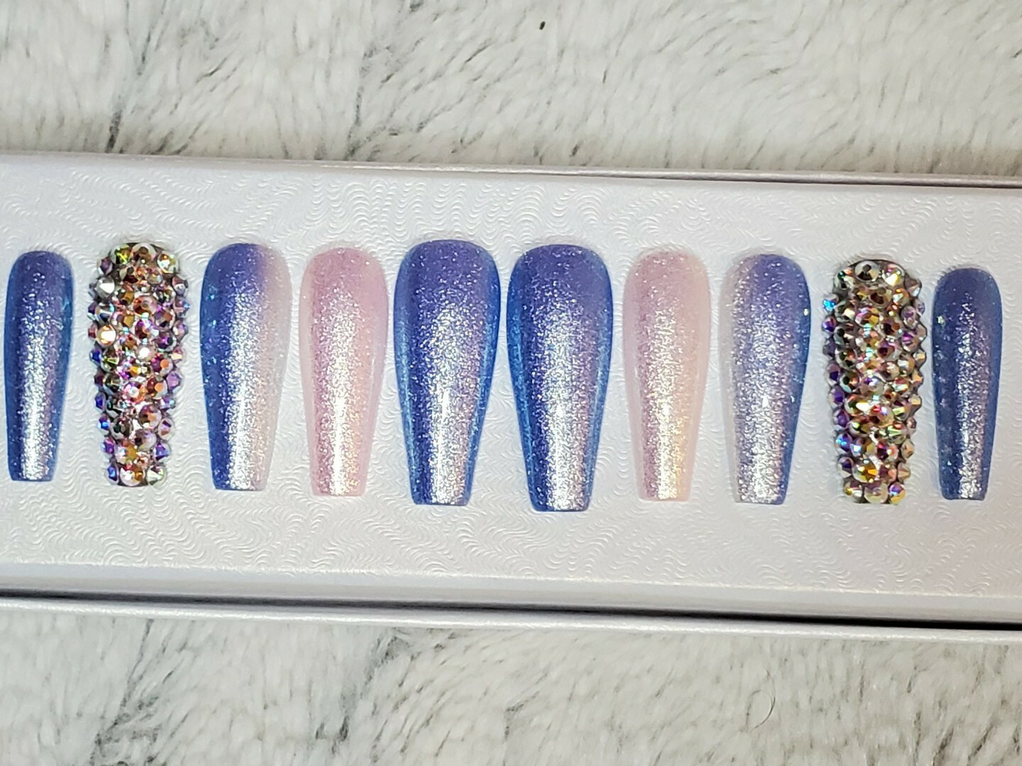 Baby blue white Bling glitter long ballerina diamond press on nails barbie ombre