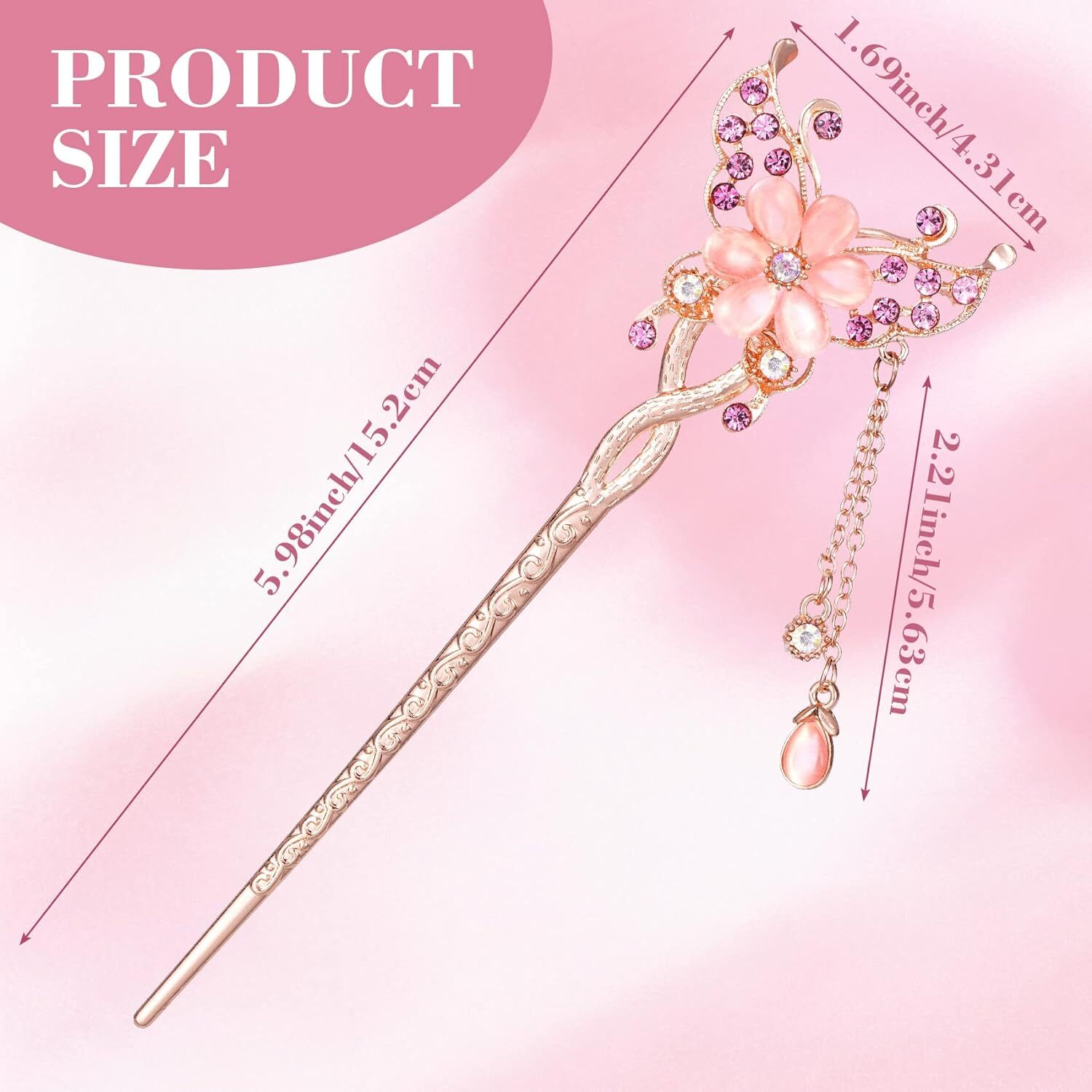 OIIKI Butterfly Flowers Hair Sticks Pins for Buns pink, blue, colorful 3pcs