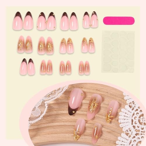 French Tip Press On Nails Medium Almond Fake Nails Gold Sun normal-nails15