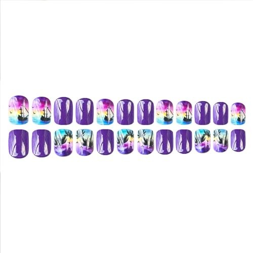 Short Press on Nails – Square Shaped Fake Nails with Palm Tree Gel Glue