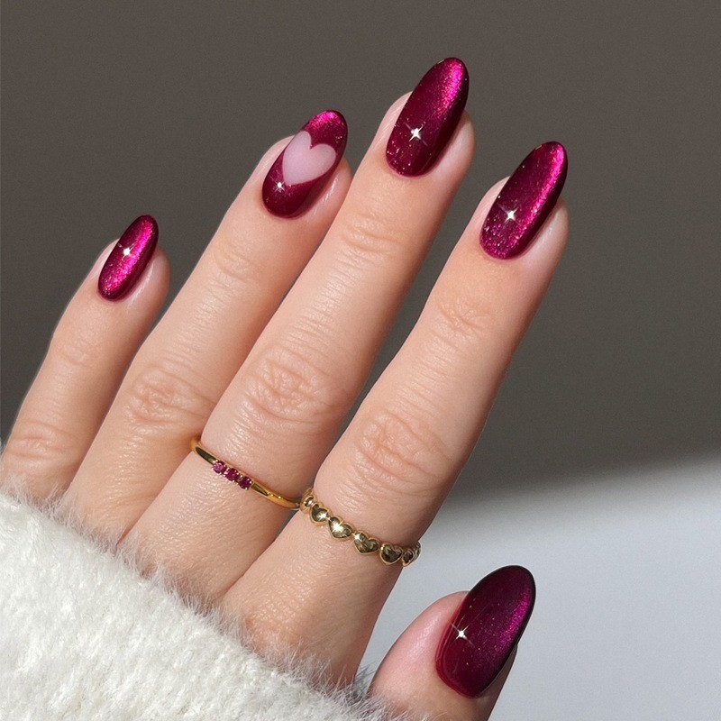 Red Wine Cat Eye Nails Press on Almond with Single Pink Heart and Glossy Sheen