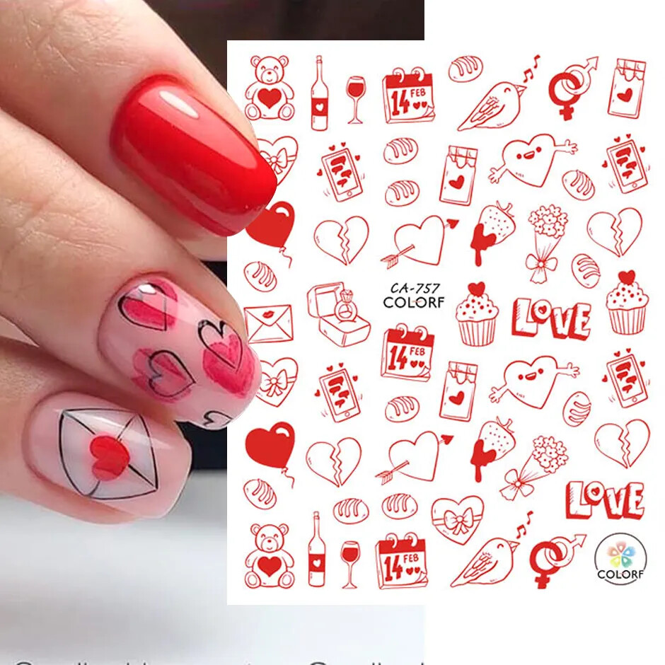 Nail Art Stickers Decals Transfers Valentines Day Pink Love Hearts Red Heart