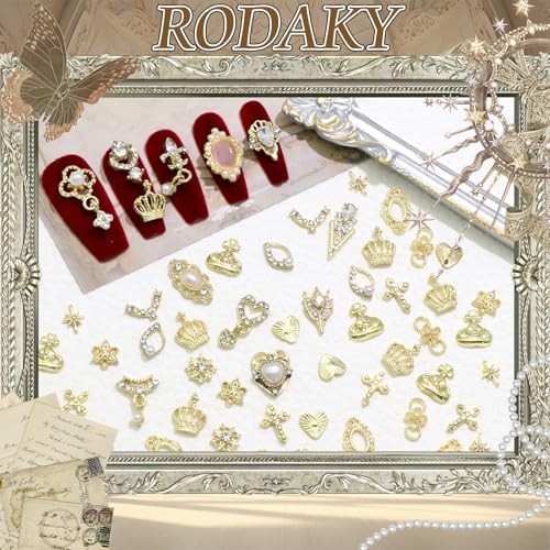 116PCS Nail Charms Luxury Nail Art Jewelry Dangle Heart Nail Gems Pearls Gold