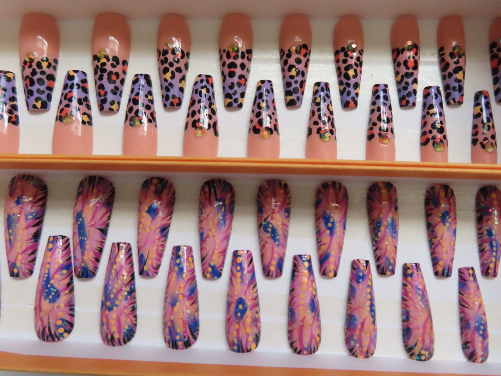 (2) Sets Purple Leopard Nude Tip | Pink Blk Abstract Coffin Press-On Nails