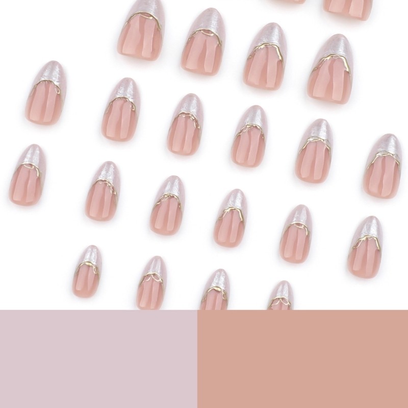 24 Pieces Short Almond Acrylic Nail With Elegant 3D Gold Line Designs Nail Art