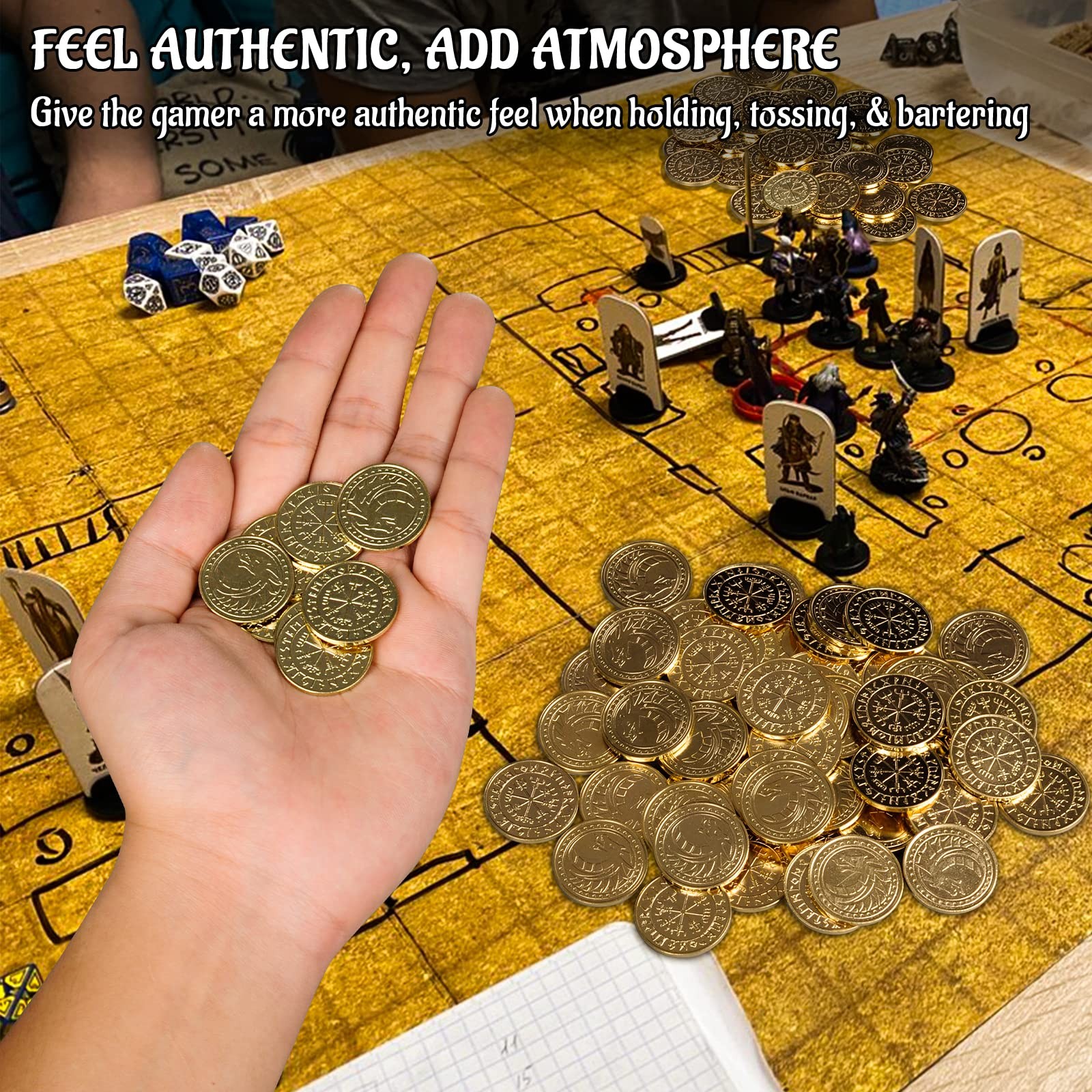 DND Fantasy Coins 50 Antique Gold Metal Treasure Tokens with 51 Piece Set