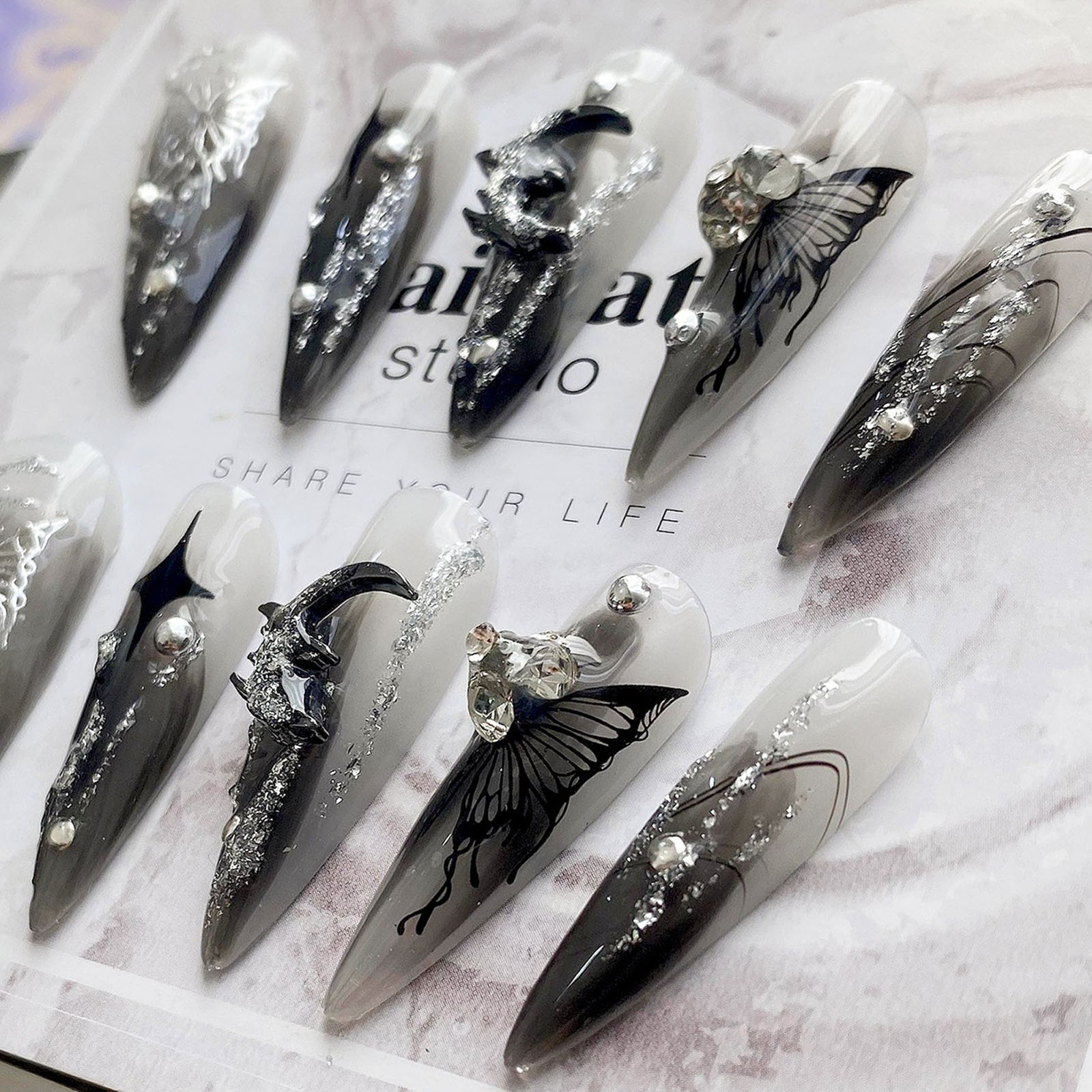 Black Moon Butterfly Halloween Fake Nail,Rhinestone Stiletto Press On False Nail