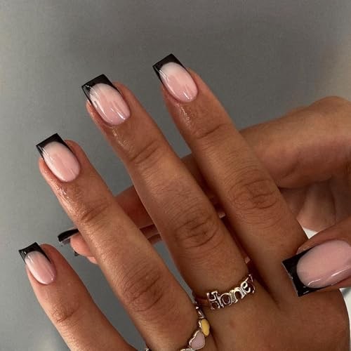 30Pcs Black French Tip Press on Nails Short Square Nails Press square black