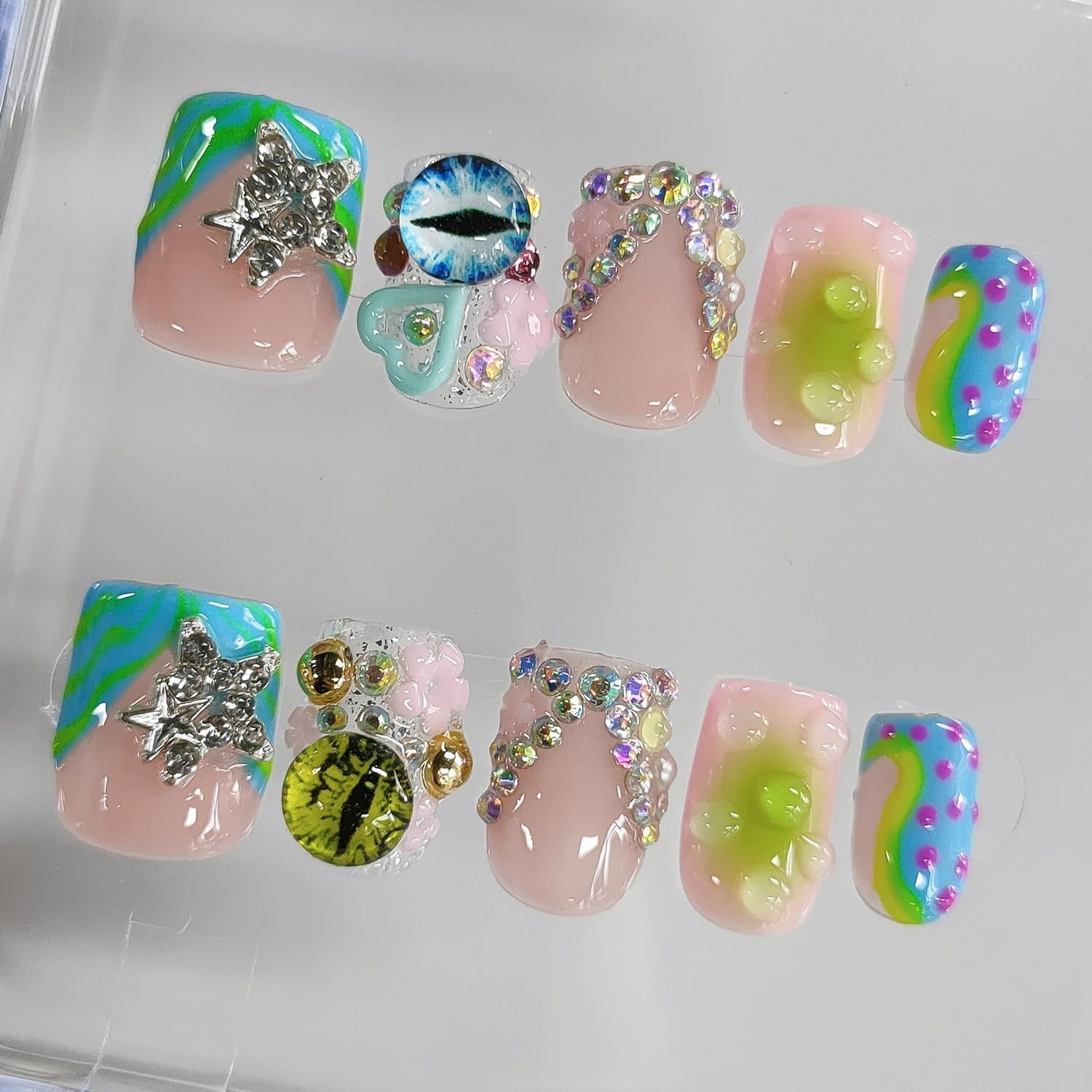 BRKYKGK Handmade Press On Nails Short Square 3D French Tip Thick Acrylic Fake