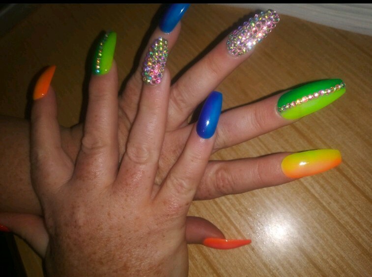 Rainbow ombre bling nails coffin PRESS ON NAILS neon crystal pride nails