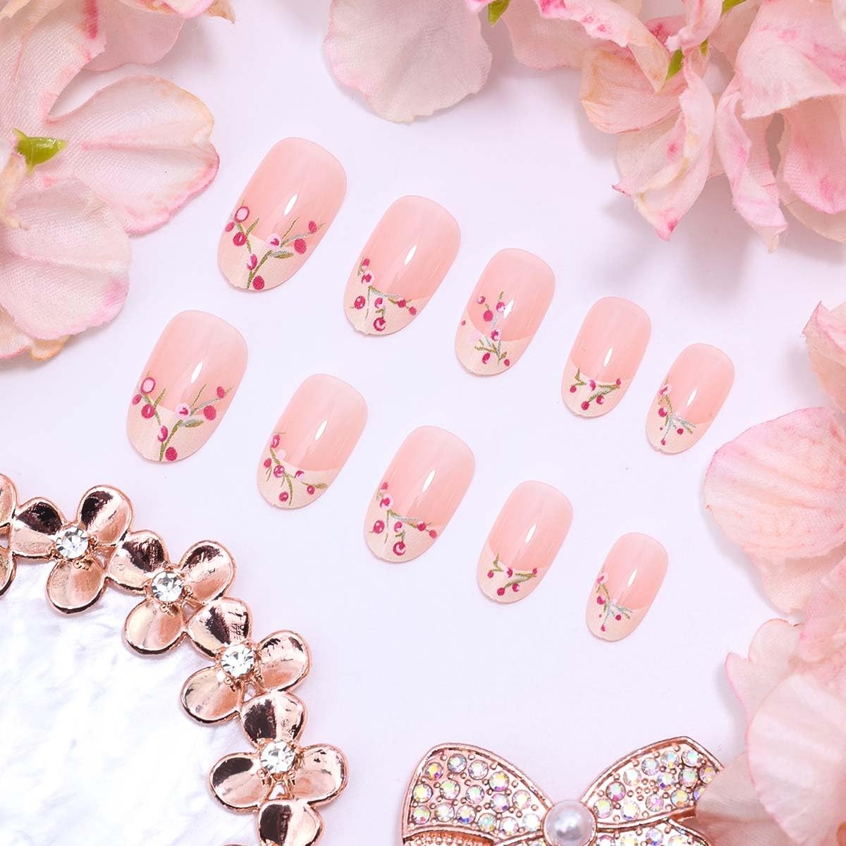 24Pcs French Tip Press on Nails Short Almond Leaf Flower Fake Nails Pink Flor…